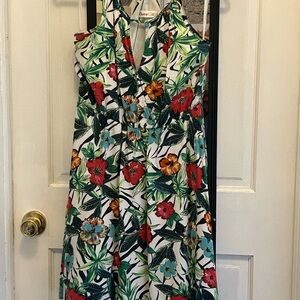 Summer / Resort Tropical Floral Print Sleeveless Dress with Adjustable Straps
